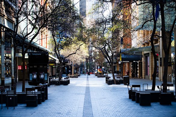 Empty Pitt street in the Sydney city CBD, during COVID-19 lockdown.