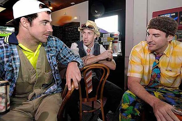 Collingwood footballers Steele Sidebottom, Nick Maxwell and Darren Jolly during Mad Monday celebrations after the Magpies won their first premiership in 20 years against St Kilda. 