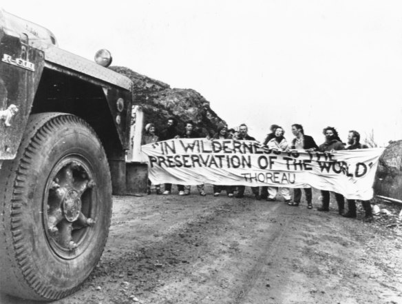 “Chanting demonstrators prevent a fuel truck from reaching the main Hydro Electric Commission work camp near Queenstown.” January 7, 1983