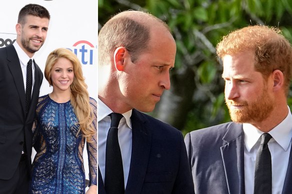 From left: Singer Shakira, pictured with former husband, Gerard Pique, and Princes William and Harry, have used, respectively, a “diss track” and a media trial, to strike back at family members.