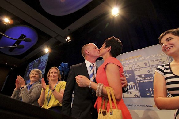 Campbell Newman with wife Lisa at the LNP election party at the Hilton. Photo: Michelle Smith