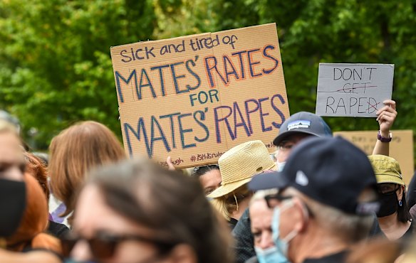 Women rally against the governments reaction to alleged sexual assault against women by politicians and political staffers and the toxic masculinity that is said is exist at Parliament house.