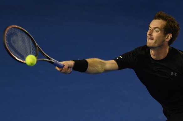 Britain's Andy Murray plays a shot during his men's singles final match against Serbia's Novak Djokovic on day fourteen of the 2015 Australian Open tennis tournament in Melbourne on February 1, 2015. 