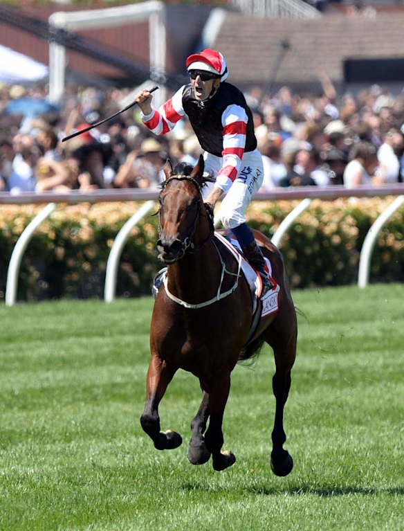 Jockey Hugh Bowman celebrates on Polanski after winning the Victoria Derby at Flemington.