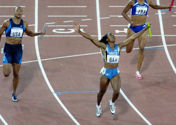 Women's 4 x 100 relay final won by the Bahamas with Jamacia second and USA third.