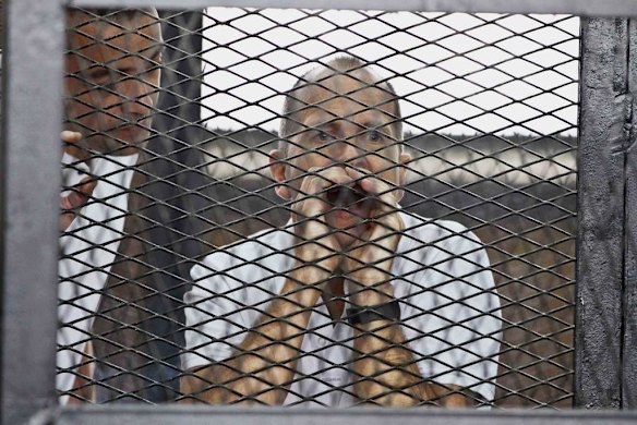 Australian correspondent of Al-Jazeera Peter Greste appears in a defendant's cage along with several other defendants during their trial on terror charges at a courtroom in Cairo, Egypt, Thursday, May 15, 2014.