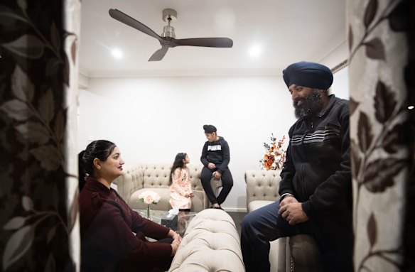 Manpreet Singh, his wife, Savata Sandhu and their son Ishavdeep and daughter Chahatpreet, in lockdown in Schofields, Sydney. Manpreet says he understands the drive for family get-togethers - “it’s the culture” - but it was important to follow the rules. As an electrician, Singh has lost work but he says he is more concerned about the virus than lockdown, having lost his uncle to COVID-19 back in India.