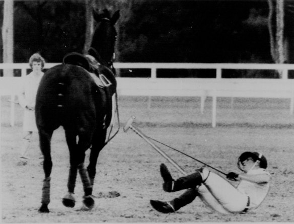 Prince Charles takes a fall at Warwick Farm on April 10, 1983. At the time, he banged his fists on the ground in frustration, but was later able to joke about the incident.