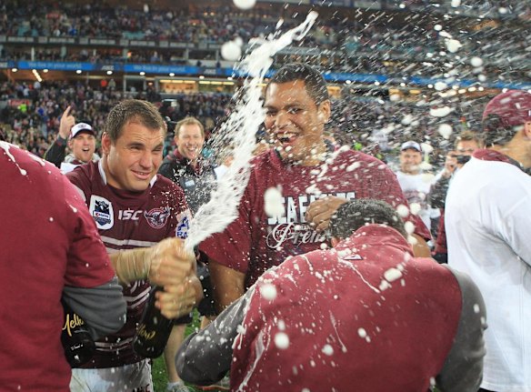 NRL Grand Final  2011 Manly Warringah Sea Eagles v  Warriors at ANZ Stadium, Anthony Watmough celebrates Sunday October 2nd 2011.