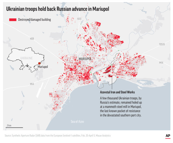 A few thousand Ukrainian troops, by Russia’s estimate, remained holed up at a mammoth steel mill in Mariupol,
the last known pocket of resistance in the devastated southern port city.