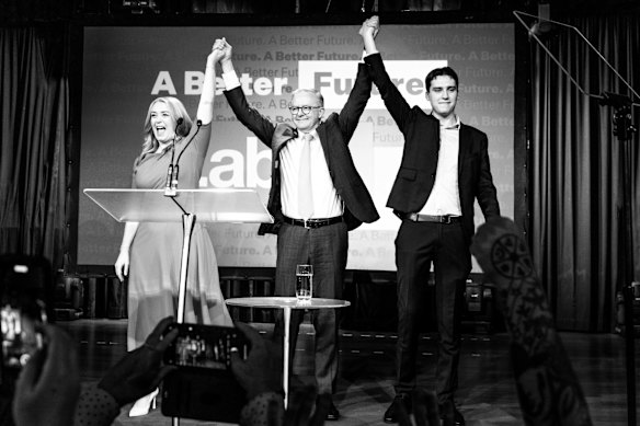 Prime Minister-elect Anthony Albanese with his partner Jodie Haydon and his son Nathan, accepting victory at the election night function.
