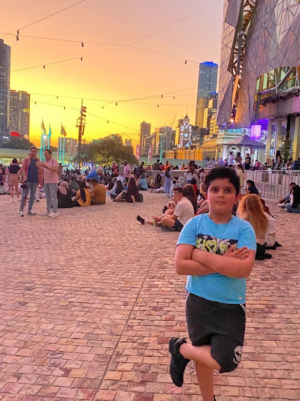 Soroush Motamedi, 6, danced to the music at Federation Square before the fireworks.