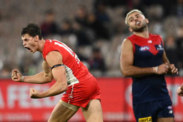 Callum Sinclair celebrates during the tough loss to Melbourne.