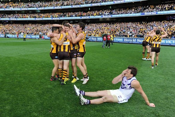 Hawthorn celebrate their win over Fremantle.
