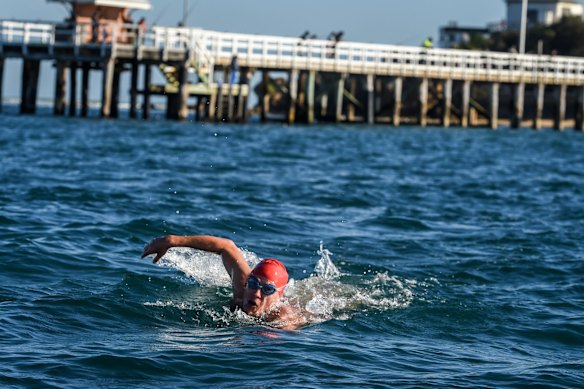 Grant Siedle sets off from Point Lonsdale today to swim the rip, June 13, 2016. Photo: Justin McManus