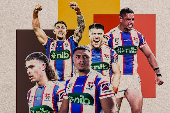 Koori Knights players Fletcher Hunt, Dylan Lucas, Jermaine McEwen, Bradman Best and Dane Gagai.