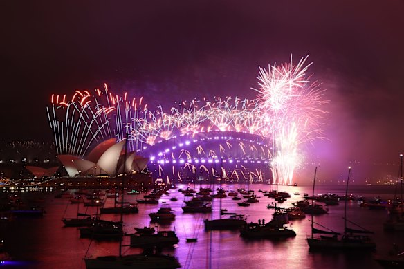 The New Years Eve Fireworks in Sydney Harbour as seen from Mrs Macquaries Point in Sydney at midnight, Jan 1, 2021. Bring on the New Year!