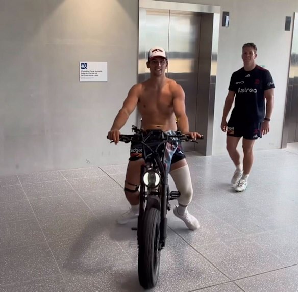 Billy Smith on an e-bike, with Egan Butcher, in a photo posted by the Roosters earlier this week.