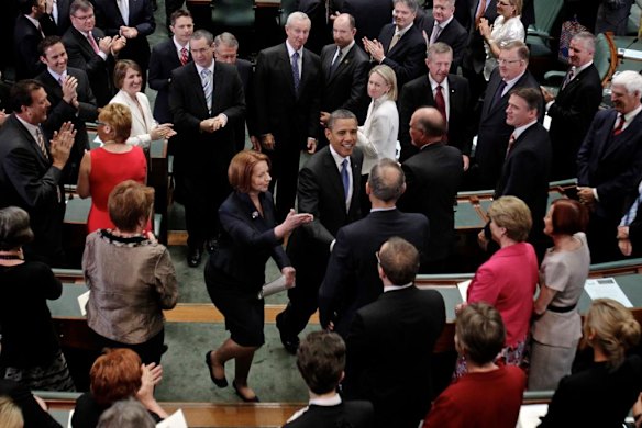 Julia Gillard introduces Barack Obama to Bob Brown after the President's address to the Joint Sitting of Parliament, November 2011.
