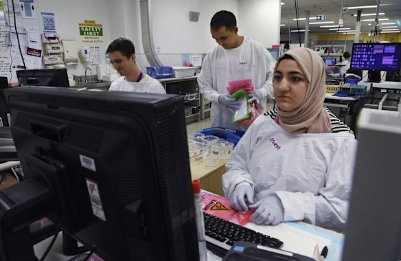 Staff at the Central Specimen Reception enter details of a patient's sample into the Laboratory Information System.