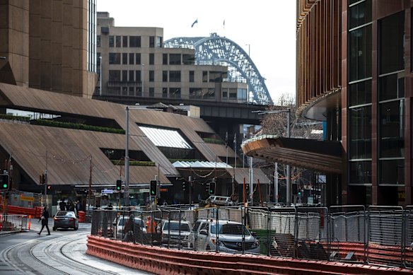 Construction of the light rail on George Street heading towards the Rocks, Sydney.