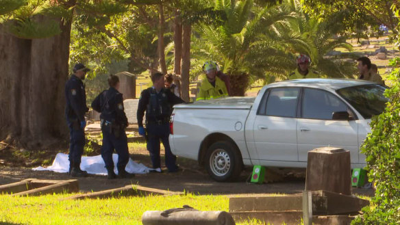 The crime scene at Rookwood cemetery on Saturday.