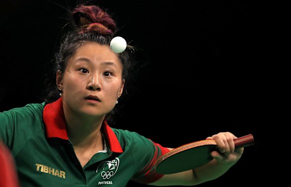 Jieni Shao of Portugal plays a Women's Singles second round match against Lily Zhang of the United States.