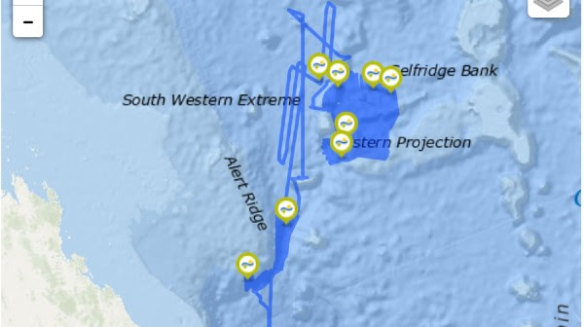 The path of the Falkor over the submerged landmass, with the Queensland coast on the lower left.