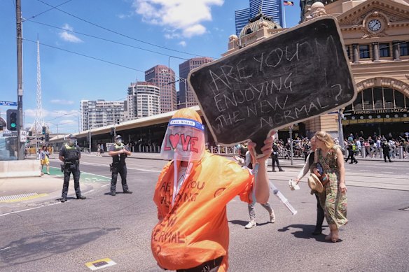 People protesting against the Pandemic Bill in Melbourne on Saturday 27 November 2021. 