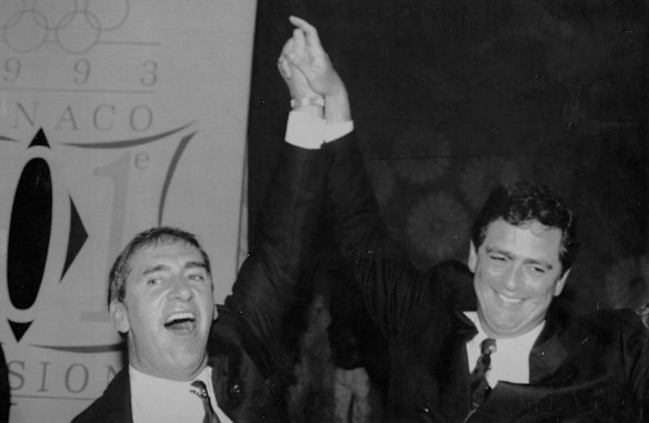 NSW Premier John Fahey and Chief Executive of Sydney Olympic bid Rod McGeoch celebrate in Monaco the winning Olympic bid for year 2000.