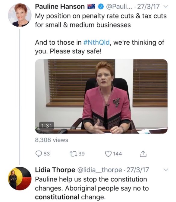 The tweet sent by Lidia Thorpe to Pauline Hanson.