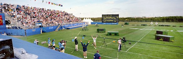 Panorama shot of gold medal winner Simon Fairweather during the archery competition.