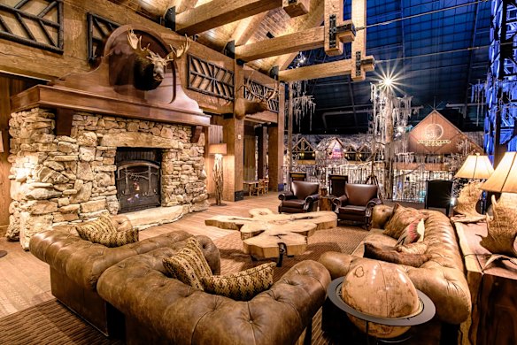 The interior of the hotel has the feel of a hunting lodge.