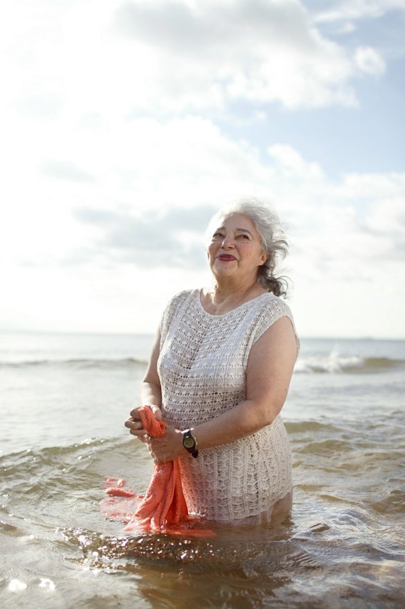 Mirka Mora at her favourite beach, Half Moon Bay, between Sandringham and Black Rock. 