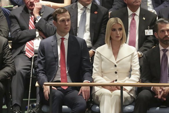 Jared Kushner and Ivanka Trump Trump listening as President of the United States Donald Trump speaks during the United Nations General Assembly meeting in New York.
