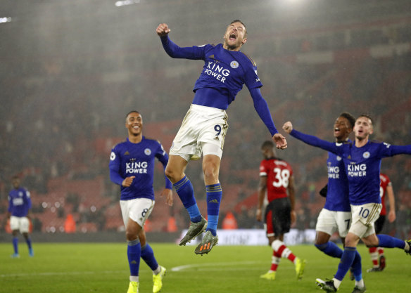 Leicester City's Jamie Vardy celebrates scoring his side's ninth and last goal during their English Premier League clash with Southampton.