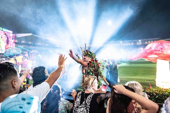 Participants march in the annual Gay and Lesbian Mardi Gras parade at the Sydney Cricket ground in Sydney.