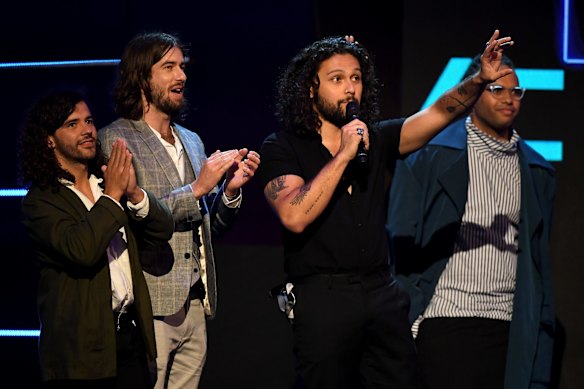 Gang of Youths accept the ARIA for Best Rock Album during the 31st ARIA Awards at The Star, in Sydney.
