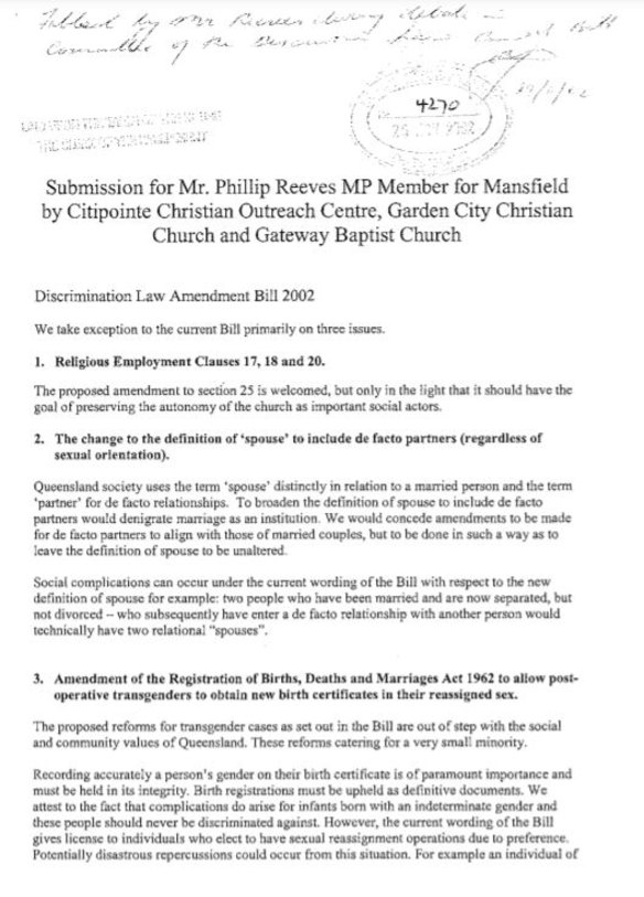 Citipointe Christian Outreach Centre’s submission on the Discrimination Law Amendment Bill in 2002. 