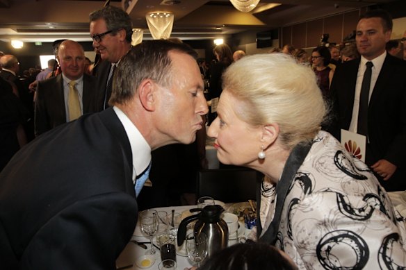 Opposition Leader Tony Abbott is embraced by Bronwyn Bishopin 2013.