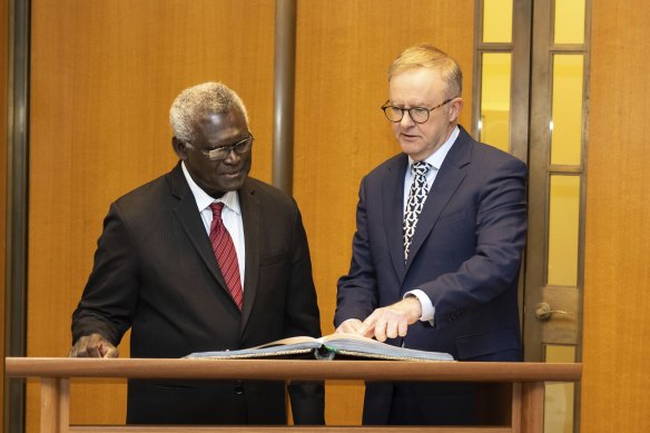 Solomon Islands Prime Minister Manasseh Sogavare during a meeting with Prime Minister Anthony Albanese earlier this month. 