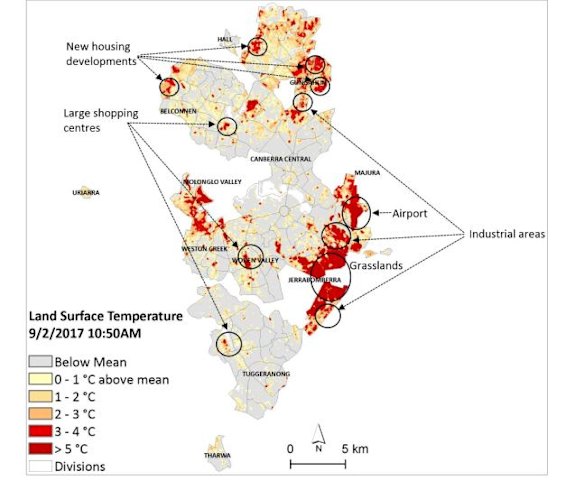 Canberra temperatures shown as departures from the average temperature of 35 degrees. Temperatures captured by thermal imagery on February 9, 2017 and taken from the CSIRO report 'Mapping surface urban heat in Canberra'.