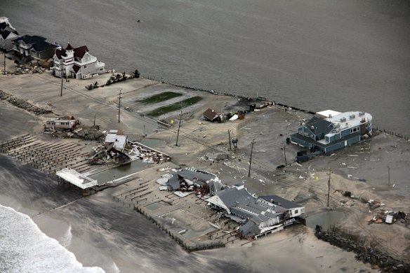 This image provided by the US Coast Guard shows the property damages along the New Jersey coast caused by Hurricane Sandy, observed during an over-flight