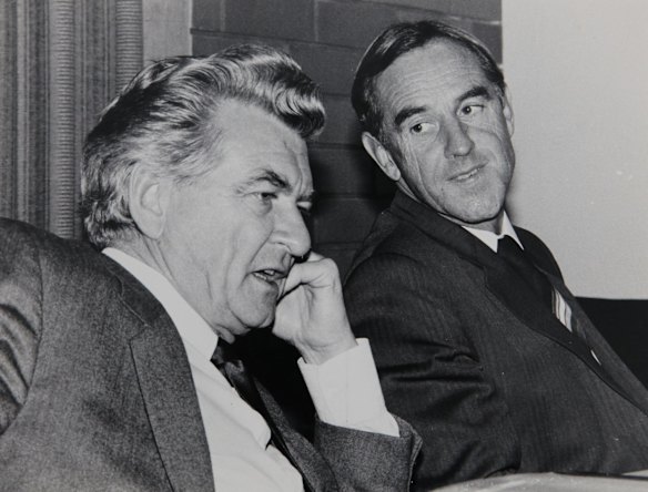 Bob Hawke with John Cain at the Labor State Conference in Warrnambool, 21 April 1983. 