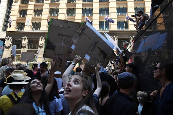 Thousands of students protest climate change at Martin Place, Sydney.