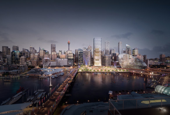 An artist's impression of the Cockle Bay redevelopment, which features a 183-metre office tower, retail precinct and park.