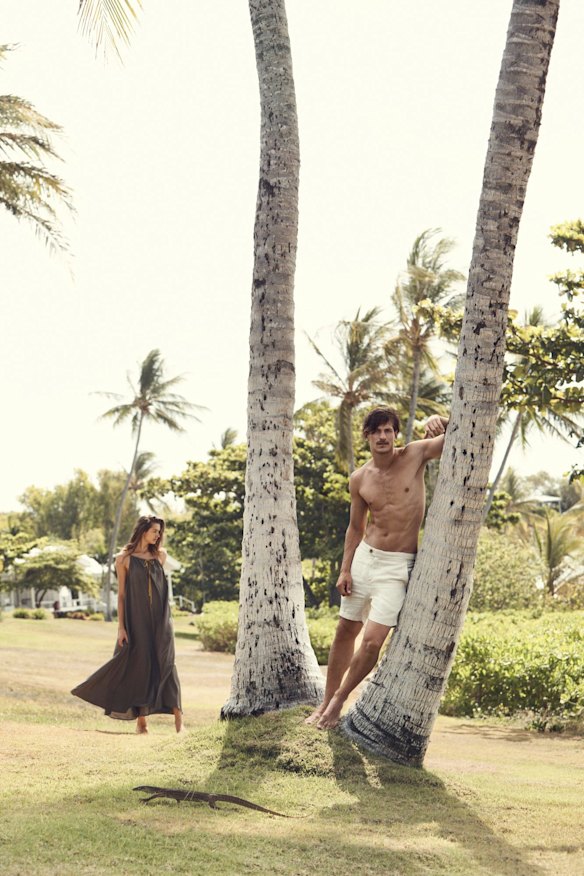Jana wears Eres “Norma” dress, $585, from Sylvia Rhodes. Jarrod wears Venroy “Side Tab” shorts, $100.