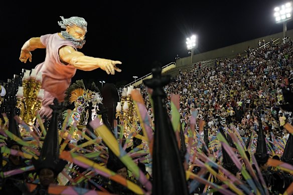 Drum queen Quiteria Chagas from the Imperio Serrano samba school performs during Carnival celebrations at the Sambadrome in Rio de Janeiro.