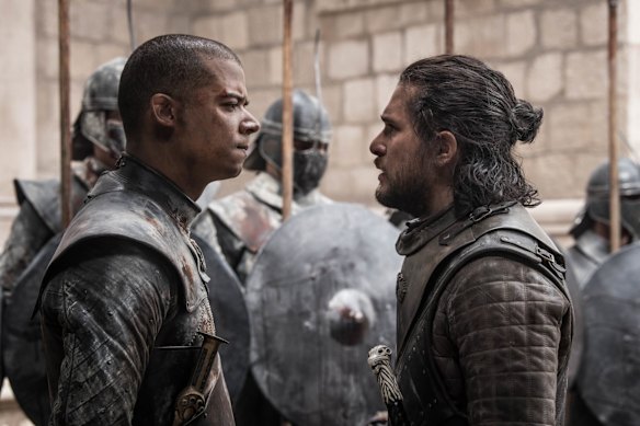 Jacob Anderson (Grey Worm) and Kit Harrington (Jon Snow) in a tense stand off.
