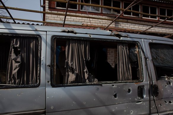 A view of Oleksandr's vehicle which got damaged as a result of a shellfire earlier in the area in Stoyanka, Ukraine. Local officials reported fresh attacks on the outskirts of Kyiv, despite yesterday's announcement from Russia that it would "reduce military operations" around the capital.